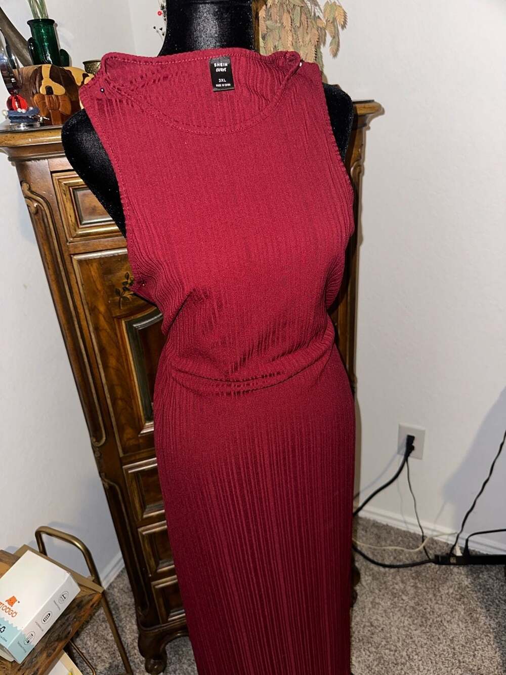 SHEIN Curve Ribbed Midi Dress Size 3XL Burgundy Sleeveless